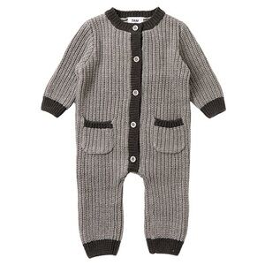 Chunky Ribbed Knit Round Neck Long Sleeve Romper Heather Grey & Black 6-9 months